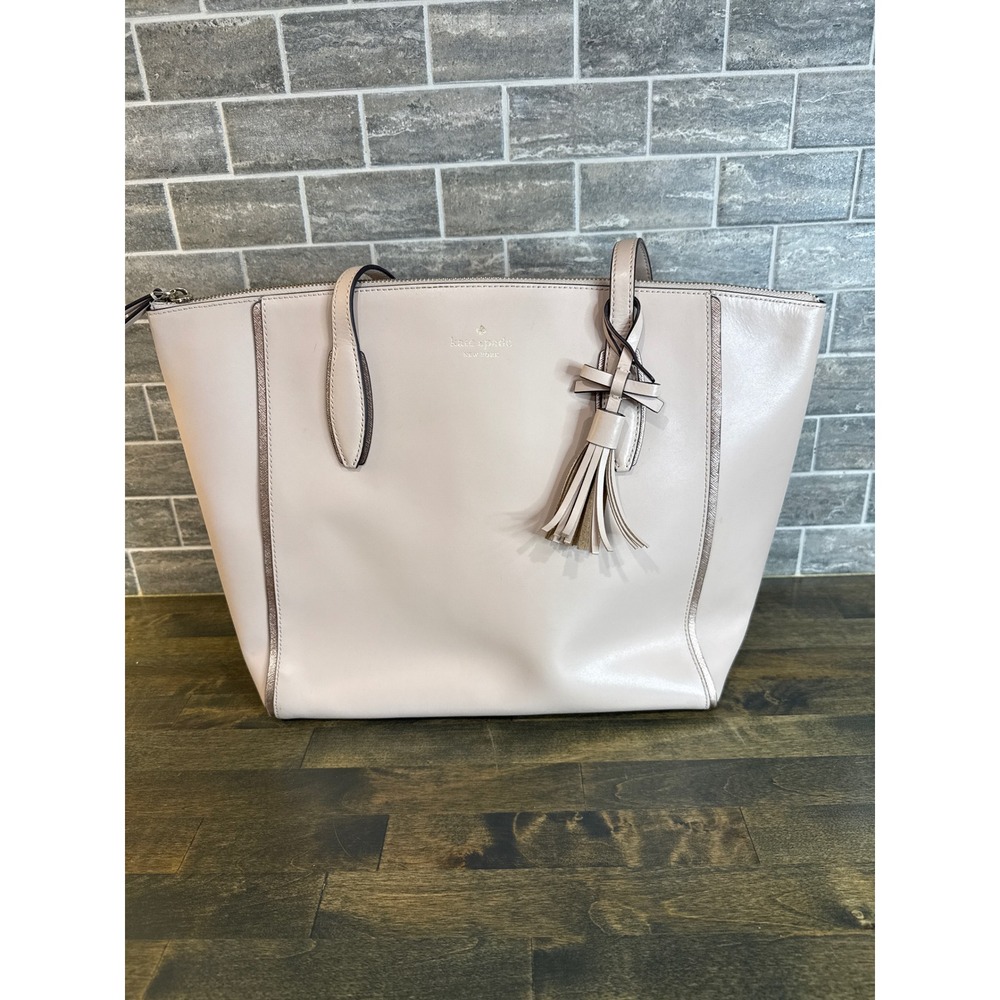 Kate Spade Blush Pink Leather Tote Bag Rose Gold Trim Tassel Charm
